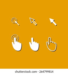 Cursor pointer icons. Mouse, hand, arrow. Click press and touch actions. Flat style.EPS 10.