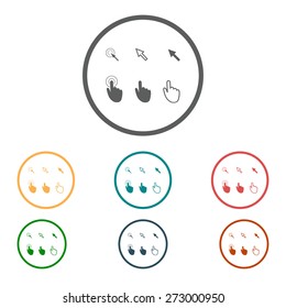 Cursor pointer icons. Mouse, hand, arrow. Click press and touch actions. Flat style.EPS 10.