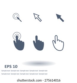 Cursor pointer icons. Mouse, hand, arrow. Click press and touch actions. Flat style.EPS 10.