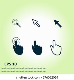 Cursor pointer icons. Mouse, hand, arrow. Click press and touch actions. Flat style.EPS 10.