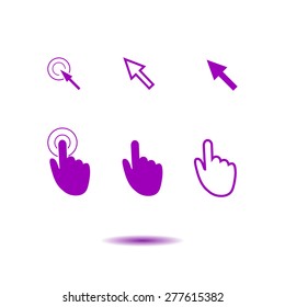 Cursor pointer icons. Mouse, hand, arrow. Click press and touch actions. Flat style.EPS 10.