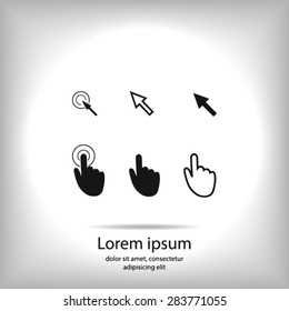 Cursor pointer icons. Mouse, hand, arrow. Click press and touch actions. Flat style.EPS 10.