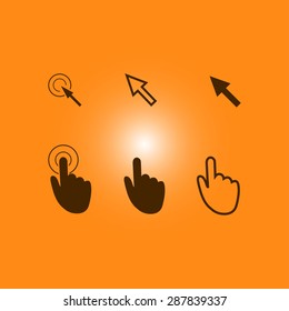 Cursor pointer icons. Mouse, hand, arrow. Click press and touch actions. Flat style.EPS 10.
