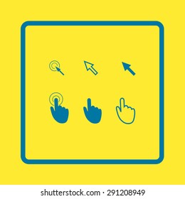 Cursor pointer icons. Mouse, hand, arrow. Click press and touch actions. Flat style.EPS 10.