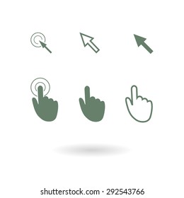 Cursor pointer icons. Mouse, hand, arrow. Click press and touch actions. Flat style.EPS 10.