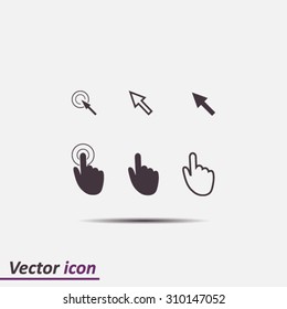Cursor pointer icons. Mouse, hand, arrow. Click press and touch actions. Flat style.EPS 10.