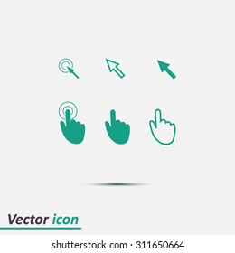 Cursor pointer icons. Mouse, hand, arrow. Click press and touch actions. Flat style.EPS 10.