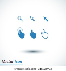 Cursor pointer icons. Mouse, hand, arrow. Click press and touch actions. Flat style.EPS 10.