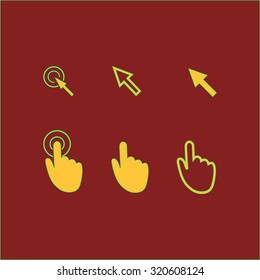 Cursor pointer icons. Mouse, hand, arrow. Click press and touch actions. Flat style.EPS 10.