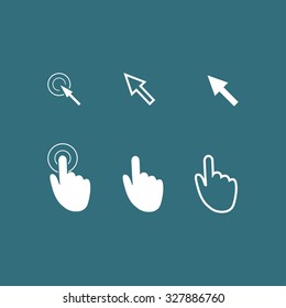 Cursor pointer icons. Mouse, hand, arrow. Click press and touch actions. Flat style.EPS 10.
