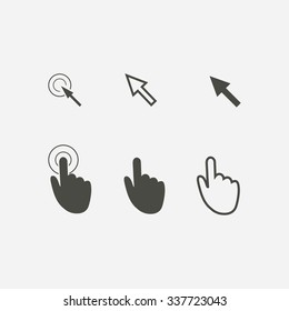Cursor pointer icons. Mouse, hand, arrow. Click press and touch actions. Flat style.EPS 10.
