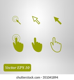 Cursor pointer icons. Mouse, hand, arrow. Click press and touch actions. Flat style.EPS 10.