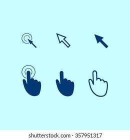 Cursor pointer icons. Mouse, hand, arrow. Click press and touch actions. Flat style.EPS 10.