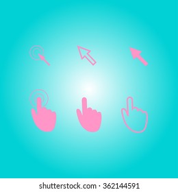 Cursor pointer icons. Mouse, hand, arrow. Click press and touch actions. Flat style.EPS 10.