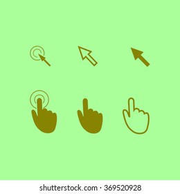 Cursor pointer icons. Mouse, hand, arrow. Click press and touch actions. Flat style.EPS 10.