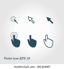 Cursor pointer icons. Mouse, hand, arrow. Click press and touch actions. Flat style.EPS 10.