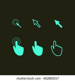 Cursor pointer icons. Mouse, hand, arrow. Click press and touch actions. Flat style.EPS 10.
