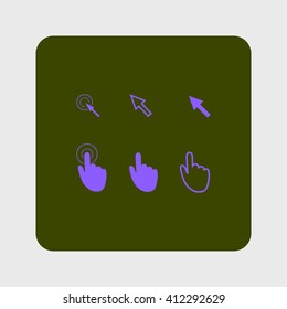 Cursor pointer icons. Mouse, hand, arrow. Click press and touch actions. Flat style.EPS 10.