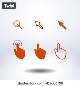 Cursor pointer icons. Mouse, hand, arrow. Click press and touch actions. Flat style.EPS 10.