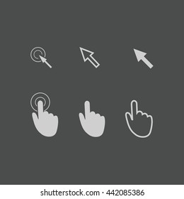 Cursor pointer icons. Mouse, hand, arrow. Click press and touch actions. Flat style.EPS 10.