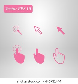 Cursor pointer icons. Mouse, hand, arrow. Click press and touch actions. Flat style.EPS 10.