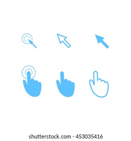 Cursor pointer icons. Mouse, hand, arrow. Click press and touch actions. Flat style.EPS 10.