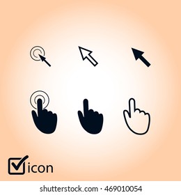 Cursor pointer icons. Mouse, hand, arrow. Click press and touch actions. Flat style.EPS 10.