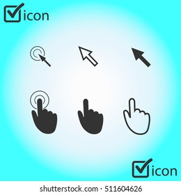 Cursor pointer icons. Mouse, hand, arrow. Click press and touch actions. Flat style.EPS 10.
