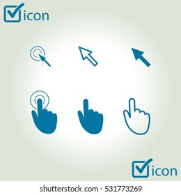 Cursor pointer icons. Mouse, hand, arrow. Click press and touch actions. Flat style.EPS 10.