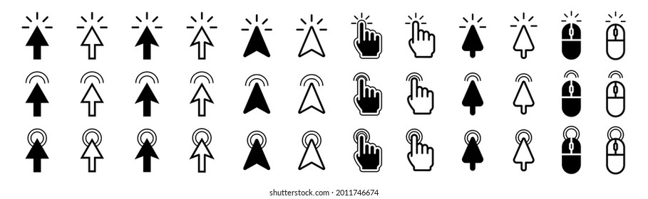 Cursor pointer set. Mouse cursor collection. Isolated arrow pointer. Click and tap symbol. Computer mouse pictogram. Stock vector EPS 10