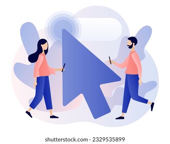 Cursor pointer sign. Click here button. Tiny people with huge mouse arrow click. Internet concept. Modern flat cartoon style. Vector illustration on white background