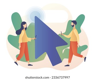 Cursor pointer sign. Tiny people with huge mouse arrow click. Click here button. Internet concept. Modern flat cartoon style. Vector illustration on white background