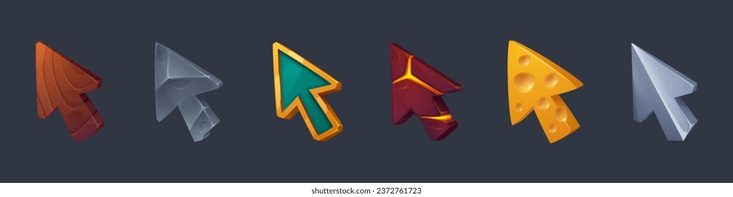 Indicadores de cursor para la interfaz de usuario de juegos. Dibujo vectorial de dibujos animados conjunto de varias flechas de ratón hechas de madera y piedra, suelo con grietas y metal, queso con agujeros y oro con piedras preciosas.