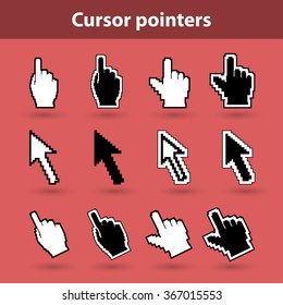 Cursor pointers of mouse arrow and pixel hands on red background. Classic vector illustration pixel web icons.