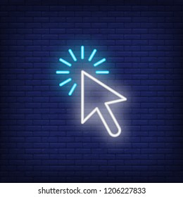 Cursor pointing on empty space neon sign. Glowing neon arrow with target on dark blue brick background. Vector illustration for web sites, internet, web pages