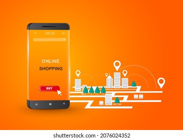 The cursor points to the buy icon located on the smartphone screen. And on the back there is pin location to order online for delivery and online shopping concept design,vector 3d on orange background