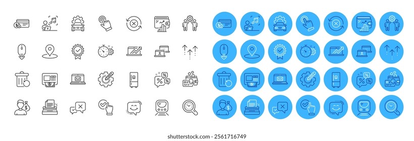 Cursor, Sales diagram and E-mail line icons pack. Scroll down, Swipe up, Certificate web icon. Wallet, Inspect, Pin pictogram. Atm, Discounts chat, Refrigerator. Employees teamwork. Vector