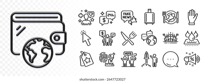 Cursor, Seafood e ícones de linha de comunicação do mundo para aplicativo Web. Reflexo de efeito de luz. Ícone Mensagem. Pacote de notícias falsas, Carteira, ícones do pictograma Trabalho em equipe. Vetor