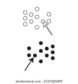 Cursor selection icon. Dotted and solid circles. Arrow pointer graphic. Vector user interface.
