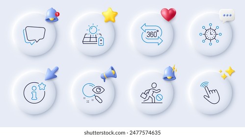 Cursor, Speech bubble and Jobless line icons. Buttons with 3d bell, chat speech, cursor. Pack of World time, Info, 360 degree icon. Search, Solar panel pictogram. For web app, printing. Vector