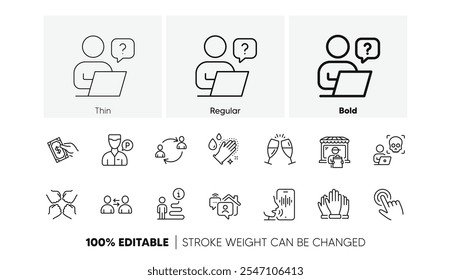 Cursor, Squad and Pay money line icons. Pack of User communication, Support, Cyber attack icon. Communication, Voicemail, Champagne glasses pictogram. Valet servant, Delivery market, Work home. Vector