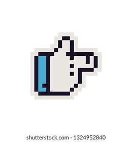 Cursor sticker, finger points pixel art icon, design for logo, web, mobile app, badges and patches. Isolated on white background vector illustration. Game assets 8-bit sprite.