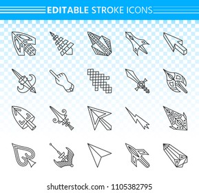 Cursor thin line icons set. Outline web sign kit of arrow. Click linear icon collection includes pointer, hand, finger. Editable stroke without fill. Different shapes of cursors simple vector symbol