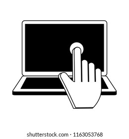 Cursor touching laptop screen in black and white