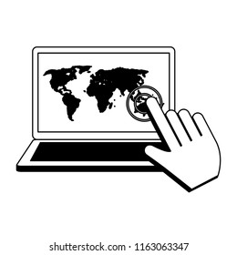 Cursor touching laptop screen in black and white