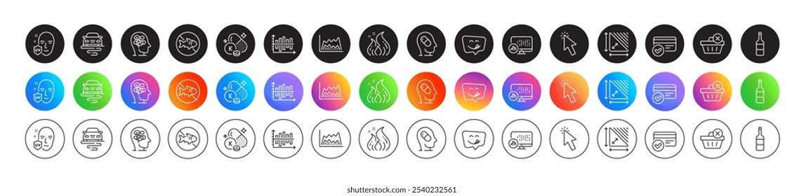 Cursor, Uv protection and Trade chart line icons. Round icon gradient buttons. Pack of Diagram chart, Wine, Delete purchase icon. Vector