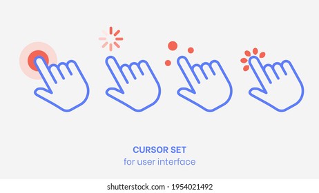 Cursor vector set. UI element for navigation. Blue computer pointer with red shapes. UI cursor vector for system interface. Digital pointer flat illustration set. Hand for mouse navigation. Clicking