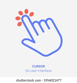 Cursor vector. UI element for navigation. Blue computer pointer with red shapes. UI cursor vector for system interface. Digital pointer flat illustration. Hand for mouse navigation. Clicking cursor