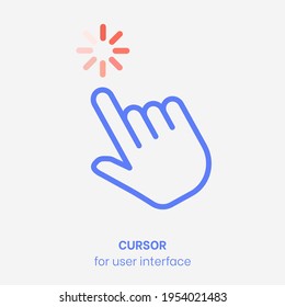 Cursor vector. UI element for navigation. Blue computer pointer with red shapes. UI cursor vector for system interface. Digital pointer flat illustration. Hand for mouse navigation. Clicking cursor