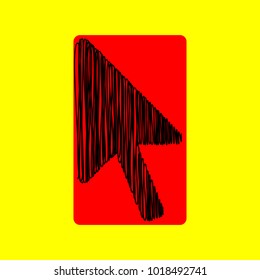 Cursor-arrow icon. Vector. Black scribble icon in red container with rounded corners at yellow background. Isolated.